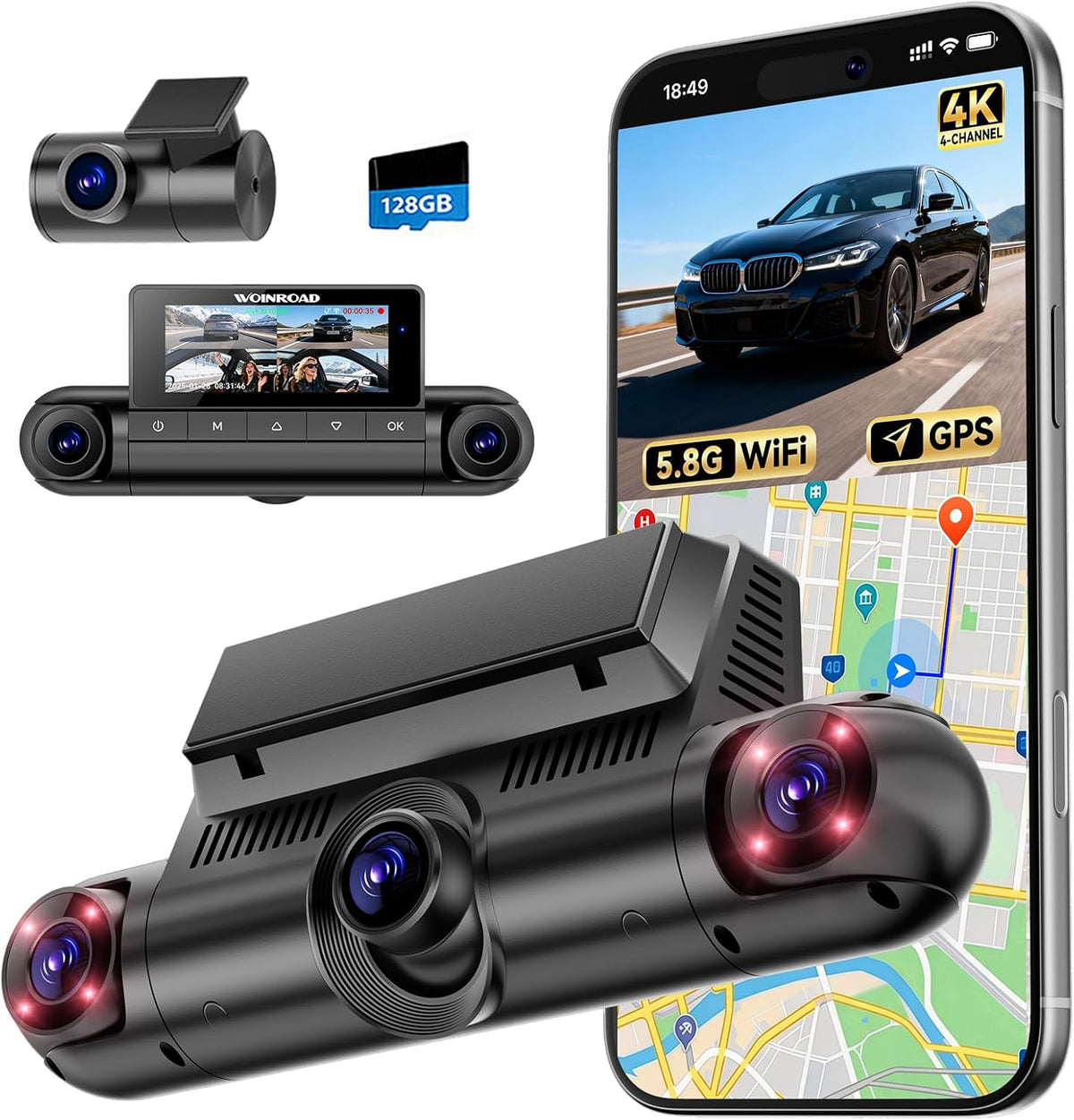 4K 360° Dash Cam, 4-Channel Dash Camera Front Rear Left Right with GPS