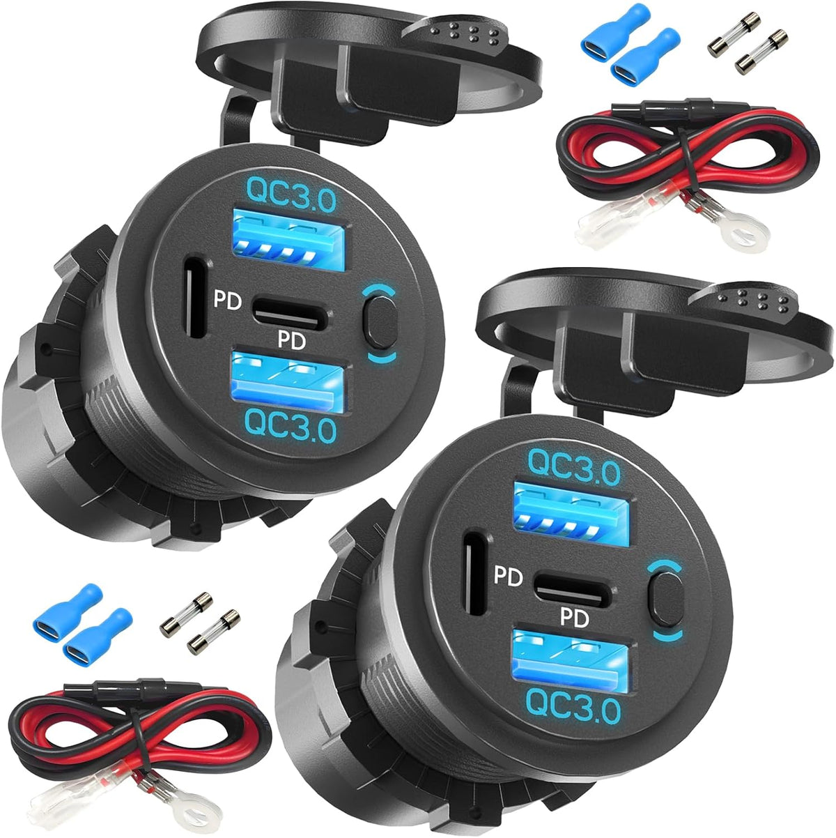VANONE 12V USB Outlet Socket with On/Off Switch – 4-Port Fast Charging
