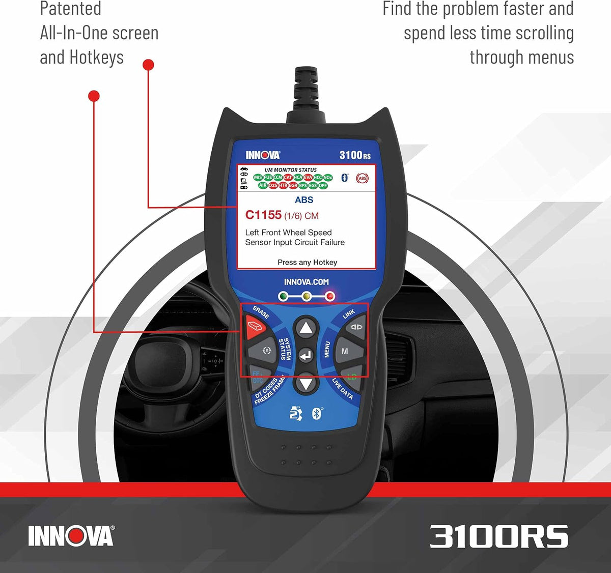 INNOVA 3100RS, OBD2 Scanner, ABS SRS Airbag Scan Tool with Airbag Light & Oil Light Reset, Stream Graph & Record Live Data, Get Suggested Repair & Parts on iPhone or Android
