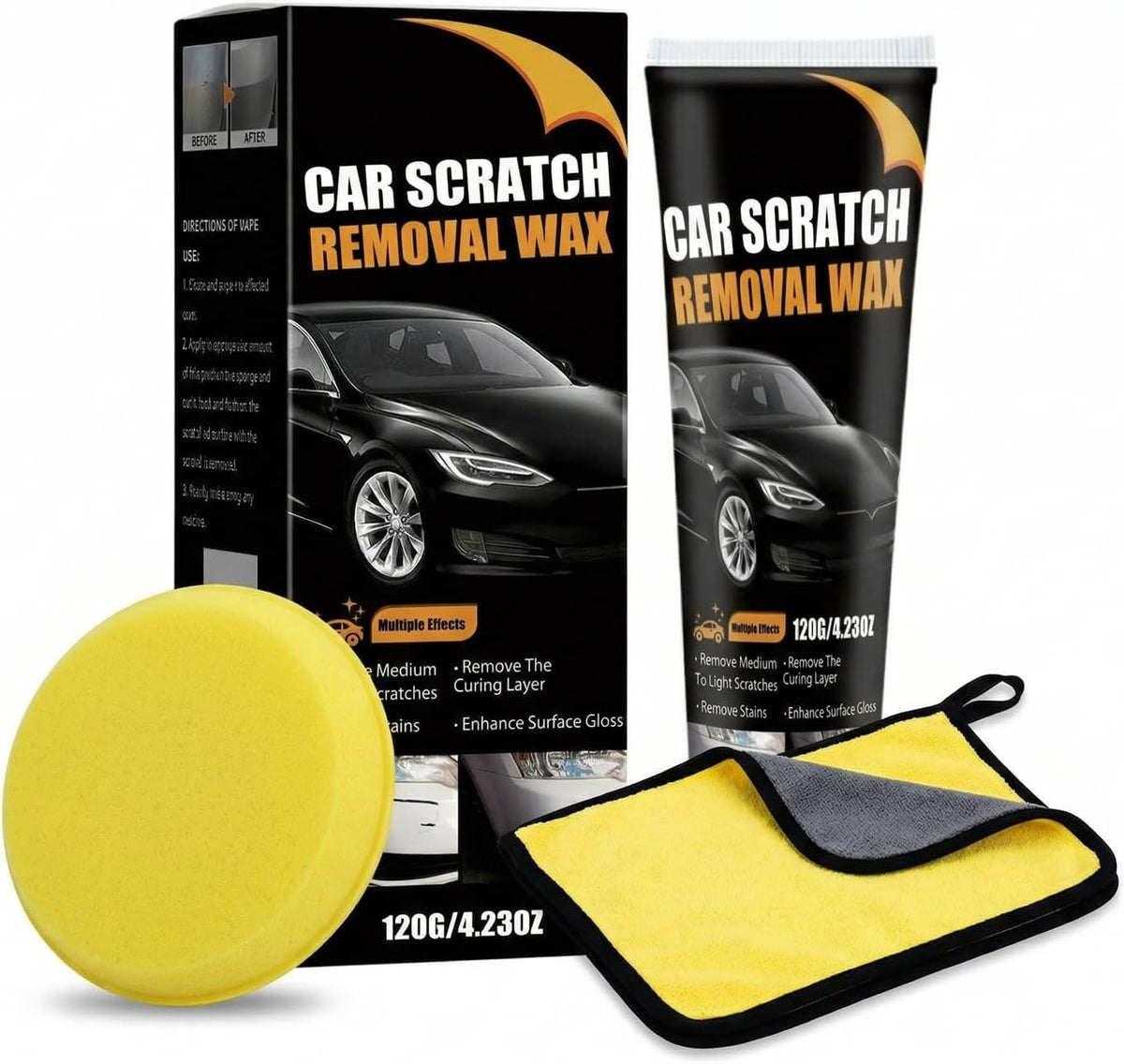 Car Scratch Remover Wax & Repair Paste - Erases Scuffs in 3 Seconds - Complete Kit with Sponge and Microfiber Cloth for Door Handle Scratches & Swirls - 120ml