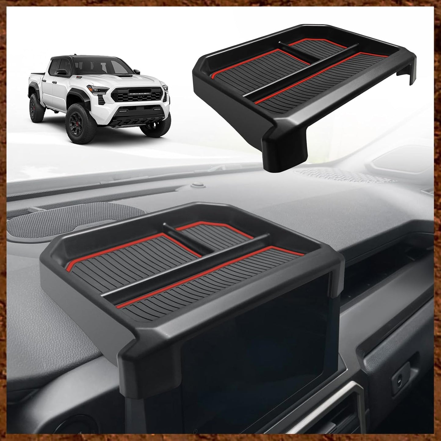 Muslogy Dashboard Storage Box for 2024 2025 2026 Tacoma &amp; 2025 2026 4Runner Accessories Center Console Organizer w/ 8-inch Screen for SR SR5 TRD PreRunner TRD Sport Off-Road Pro Trailhunter (Red)