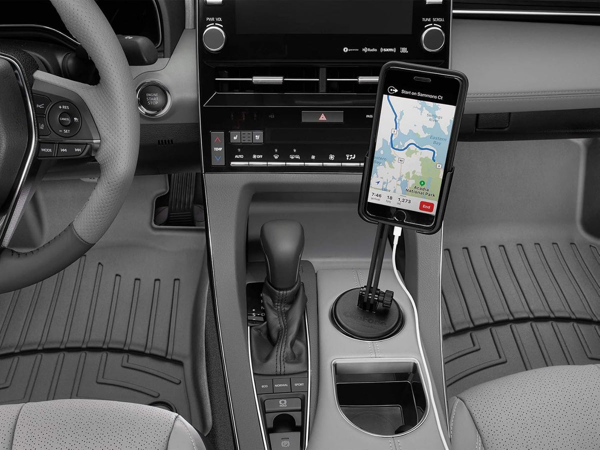 WeatherTech CupFone Two View with Extension – Adjustable, Universal Cup Holder Cell Phone Mount Car & Truck Accessory – Best Design for iPhone & Smartphone Charging – Black Plastic Knobs