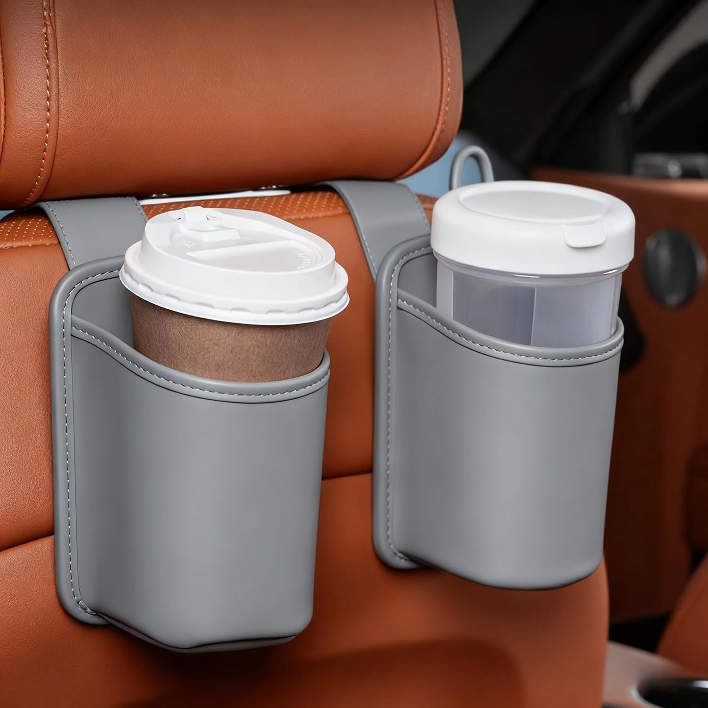 2-Pack Cup Holders for Car Seat Back Premium Nappa Leather Organizer with Drink Holders Easy Install for Families & Road Trips (Black)
