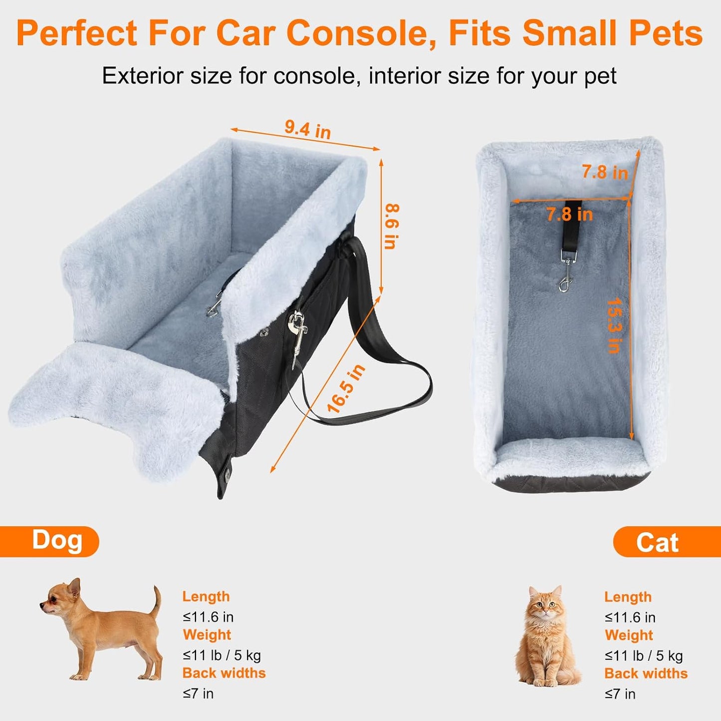 Vivifying Center Console Dog Car Seat for Small Dogs Up to 10 lbs, Plush Pet Booster Seat with Safety Leash, Adjustable Straps, Storage Pocket, Portable Car Seat for Puppies, Black & Grey
