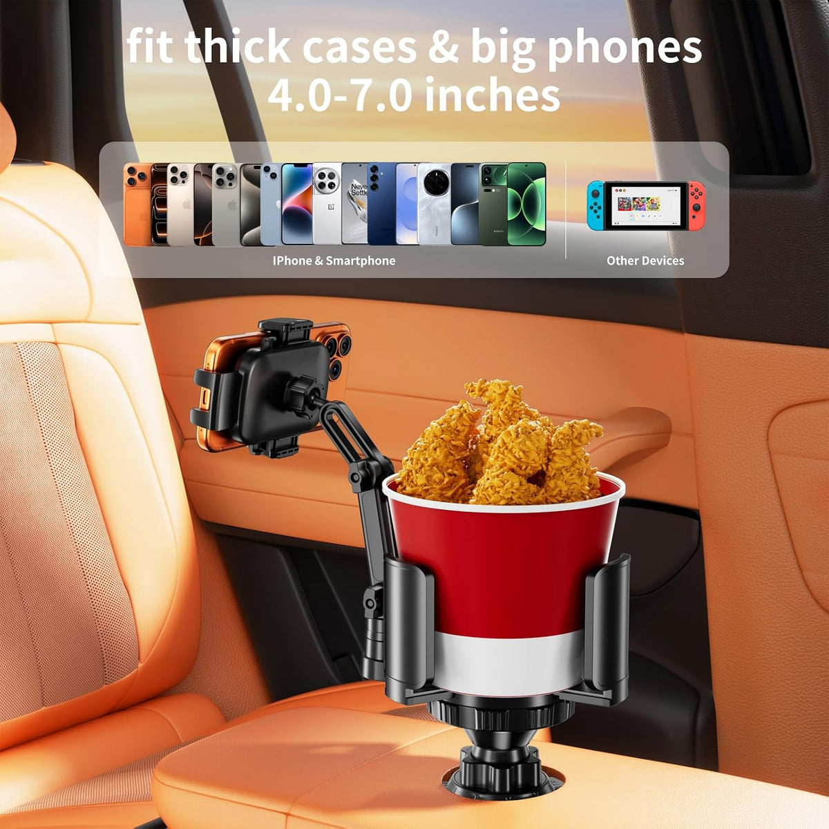 Phone Holders for Your Car, 2 in 1 Cup Holder Phone Mount with Expander, Secure Hold, Adjustable Base and Long Arm with 360°Rotation Car Phone Holder for 4-7‘’ devices and Up to 5.31'' Most Bottles