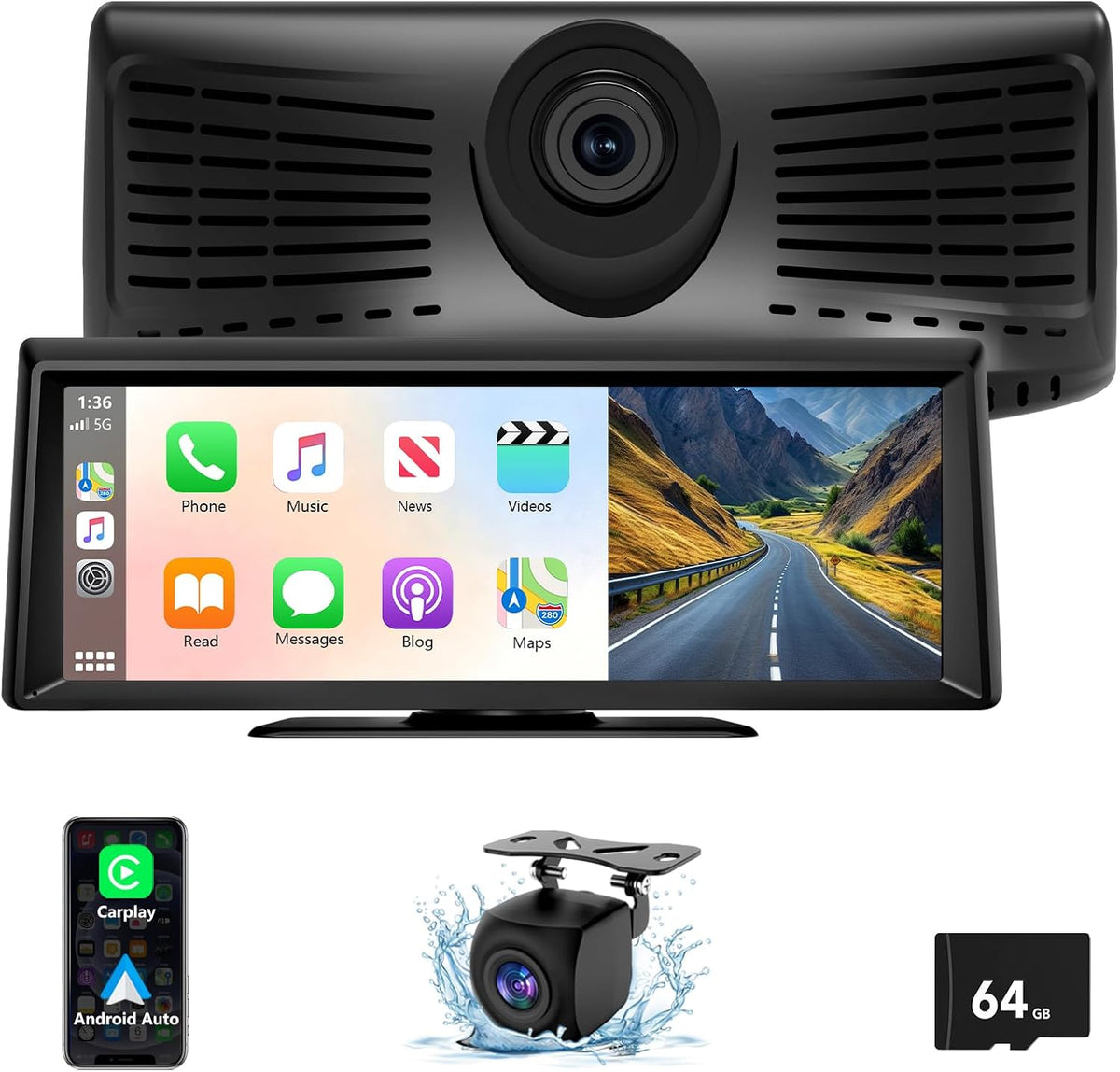 8.1" Portable Wireless Carplay Screen for Car, 2K Dash Cam & 1080P Backup Camera, Touchscreen Car Stereo with Apple Car Play/Android Auto, GPS, Bluetooth, Mirror Link, Voice Control for All Vehicles