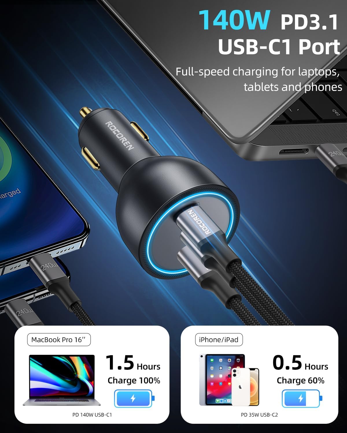 Rocoren 165W PD3.1/PD3.0 USB‑C Fast Car Charger for Laptops & Phones