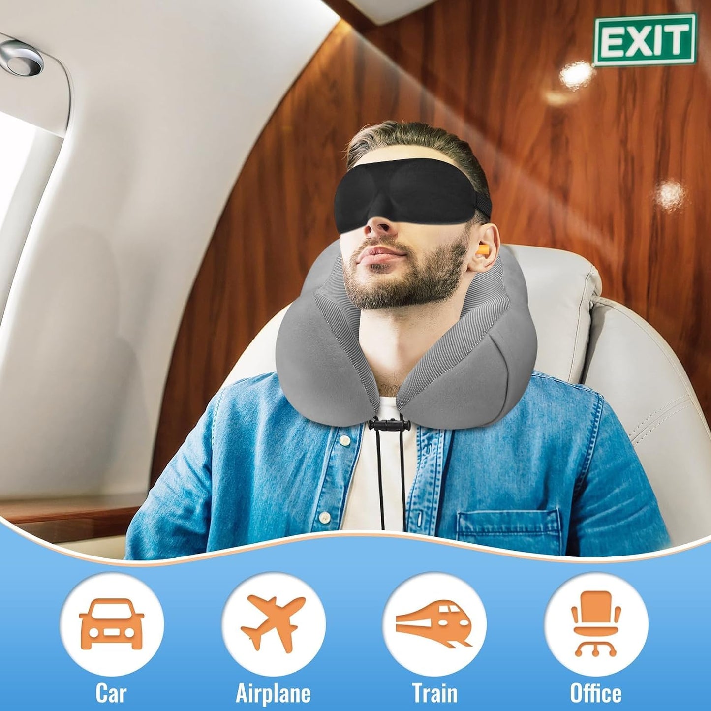 CloudBliss Travel Pillows for Airplane, Memory Foam Neck Pillows for Travel, Compact Neck Pillow for Long Flight, Car & Office, Plane Accessories with Eye Mask, Earplugs, Carry Bag, Black & Dark Grey