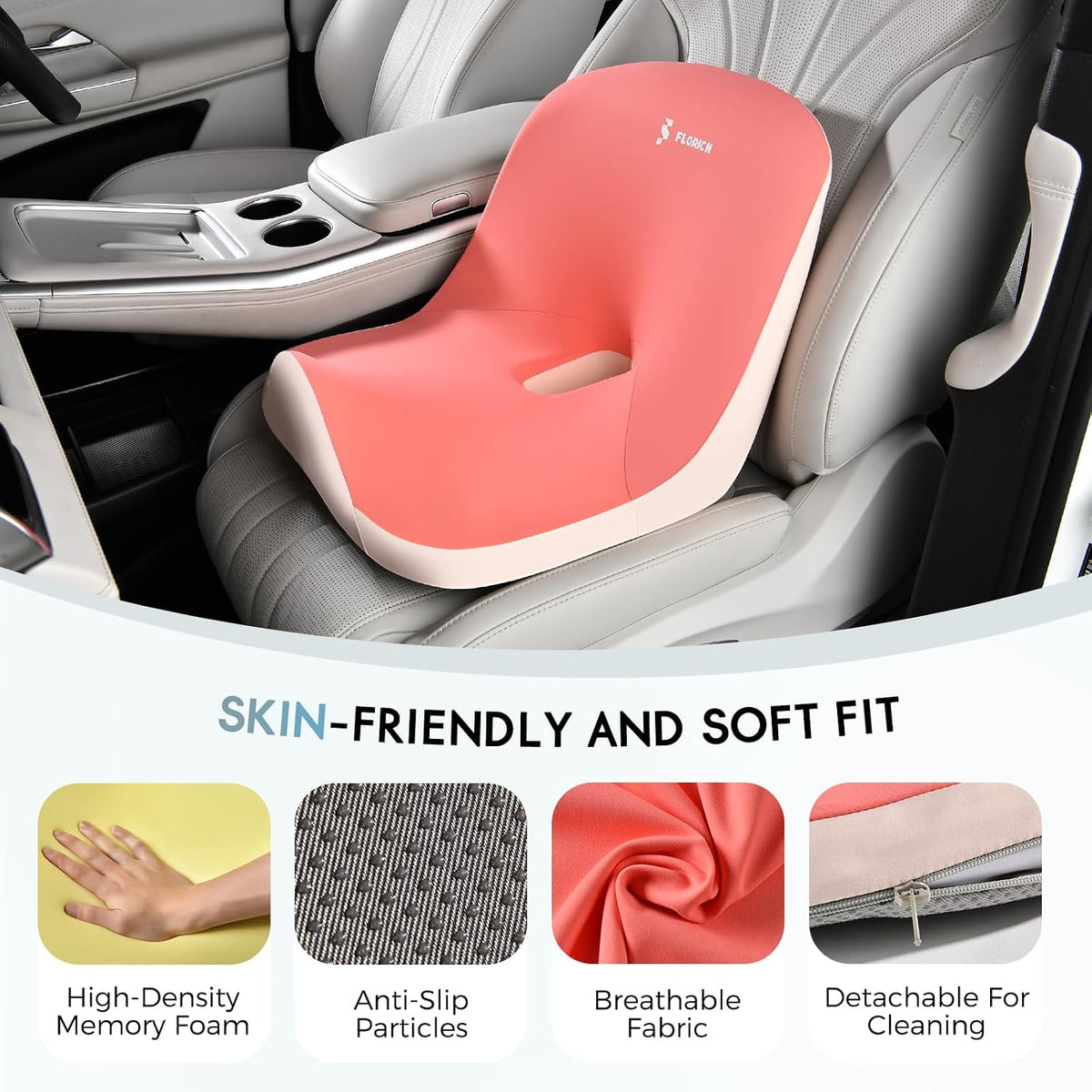 Car Seat Cushion and Lumbar Support Pillow, Larger Memory Foam Seat Cushion, Ergonomic L-Shaped Design Cushion for Back Pain Relief, Non-Slip Driving Cushion for Car, Office, Truck, Gifts for Mom-Pink