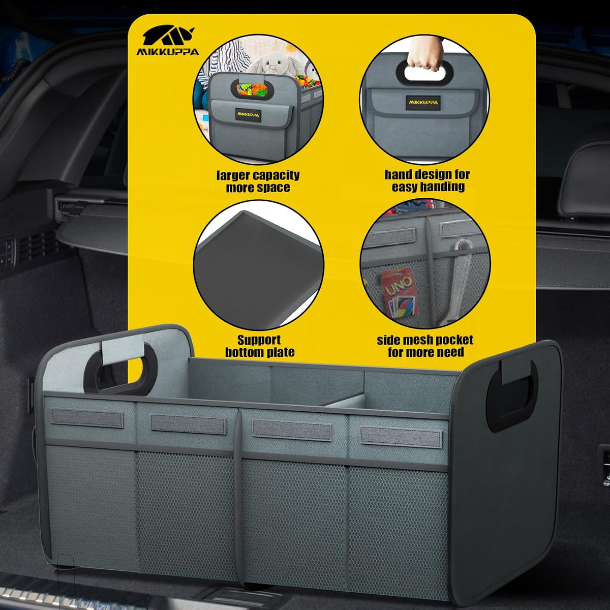 MIKKUPPA Car Trunk Organizer - 70L Collapsible Trunk Organizer with Reinforced Handles for Groceries, Car Storage Organizers for SUV Auto Truck Van with Non Slip Bottom (Gray)