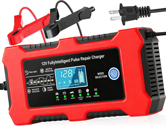 12V 10A Car Battery Charger, Smart Trickle Charger, Automotive Battery Charger with Temperature Compensation/Desulfator Maintainer for Car、Motorcycles、Lawnmowers、Trucks