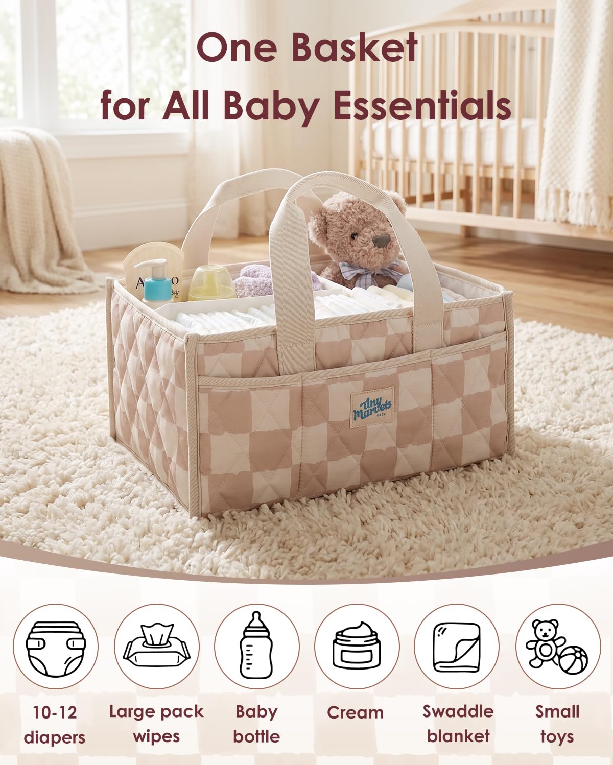 Baby Diaper Caddy Organizer – Nursery Storage Basket with Portable Handle & Removable Divider, Stylish Diaper Caddy for Changing Table, Couch, Car, Newborn Essentials Registry Search Must Haves