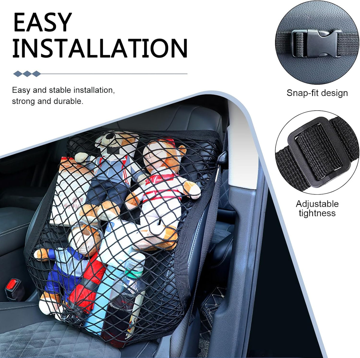 Car Seat Net Passenger Seat Organizer Net, 21.65" x 21.65" High Elastic Front Seat Organizer, Versatile Purse Holder for Car with Adjustable Buckle, Universal for Most Cars (Black)