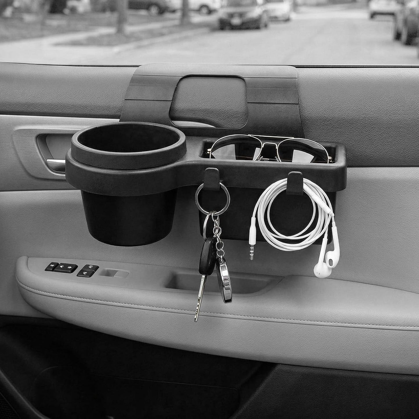 Car Window Multifunctional Storage Organizer, Auto Door Side Hanging Organizer w/Cup Holder & Hooks, Vehicle Window Mount Storage Rack w/Foam Pads for Cell Phone Key Bottle