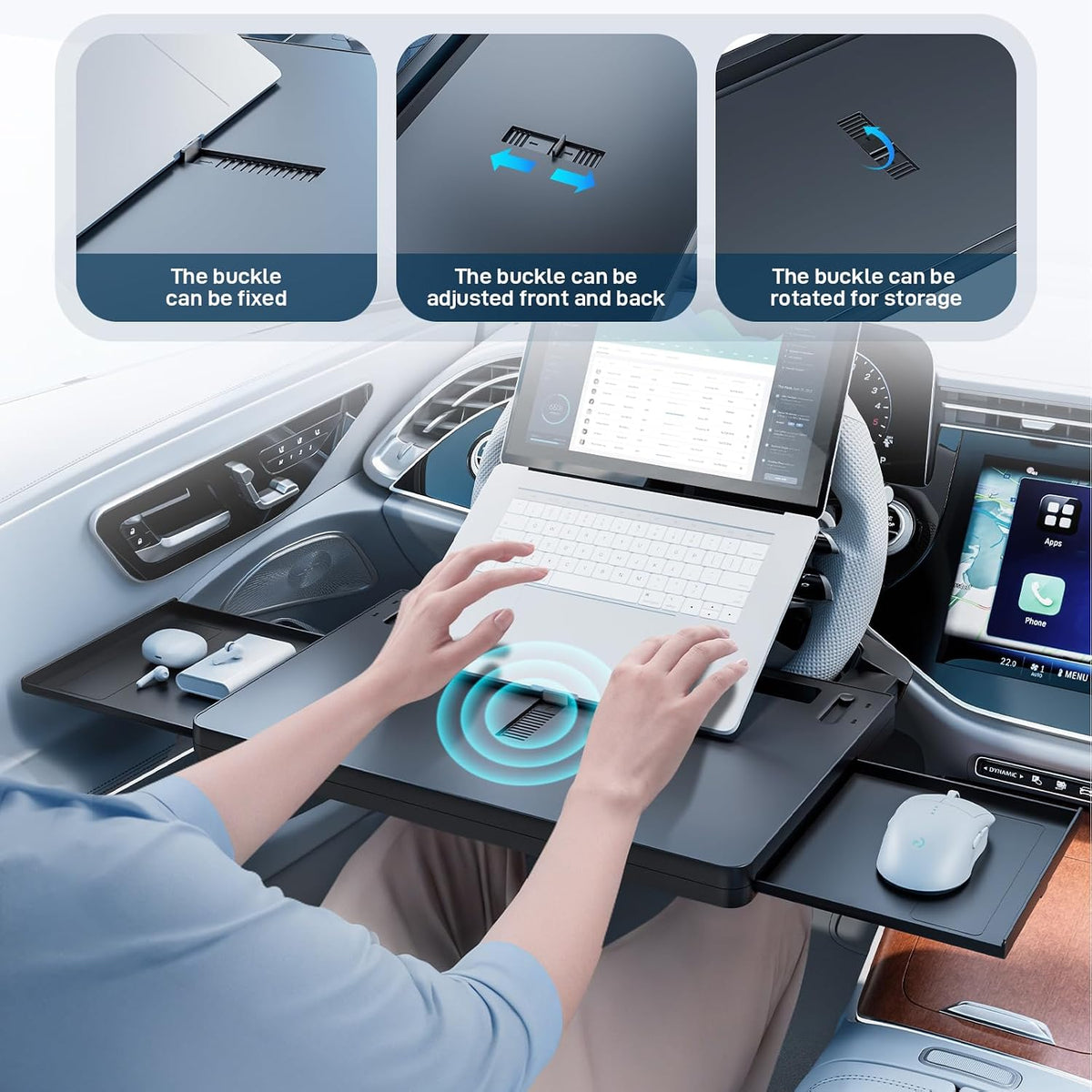 2 in 1 Car Steering Wheel Tray, Car Table Tray with Phone Holder, Steering Wheel Desk Food Table for Car Laptop Mount Steering Wheel for Large SUVs, Trucks & Vans