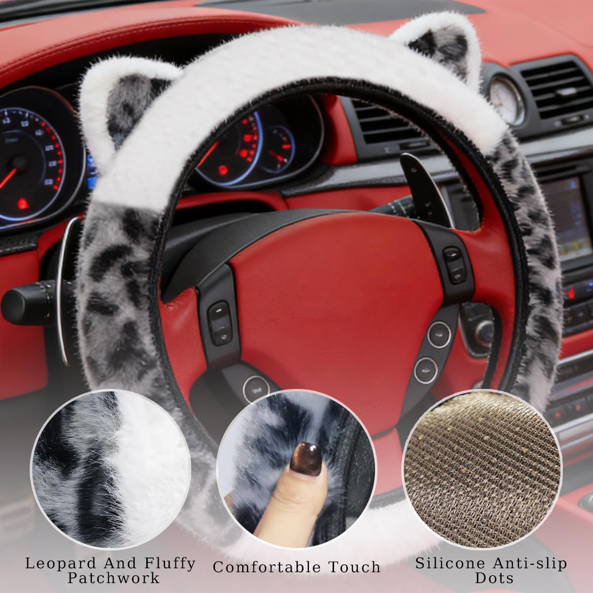 Leopard Fluffy Car Steering Wheel Cover with Keychain 14-15 inch Gray White