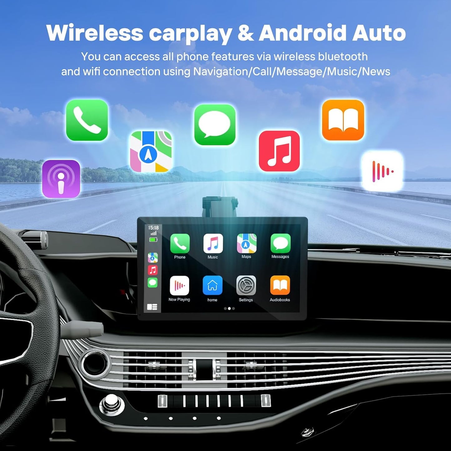 9" Wireless Apple Carplay Screen for Car, Portable Touchscreen Apple Carplay & Android Auto with OTA Update, Backup Camera,FM, Voice Control/GPS Navigation/Mirror Link/BT