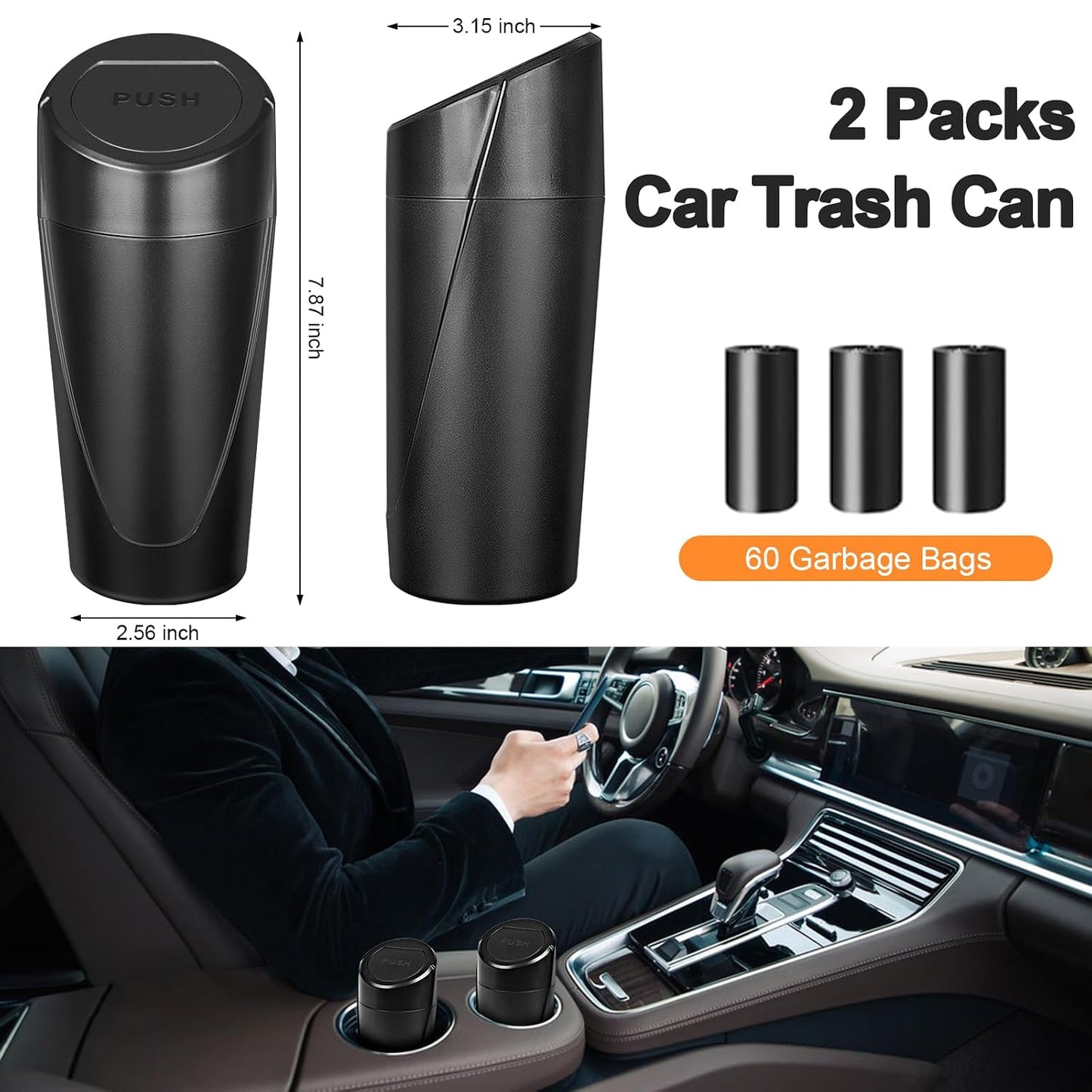 Car Trash Can, 2 Packs Mini Car Garbage Can Cup Holder with Lid | Leakproof Car Trash Bin with 60 Trash Bags, Vehicle Front Back Seat Organizers and Storage for Car, Home, Office, Black