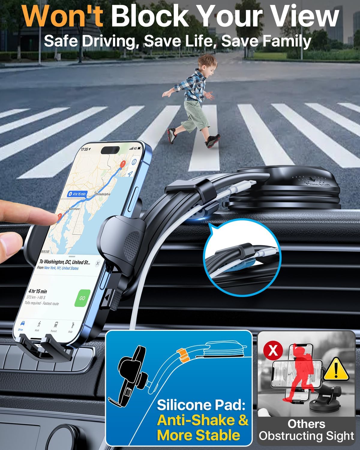 HTU [True Military-Grade Car Phone Holder [2026 Upgraded Strongest Suction & Vent Clip] Cell Phone Car Mount for Dashboard Windshield Vent Truck Cradle Dash Stand,(Black)
