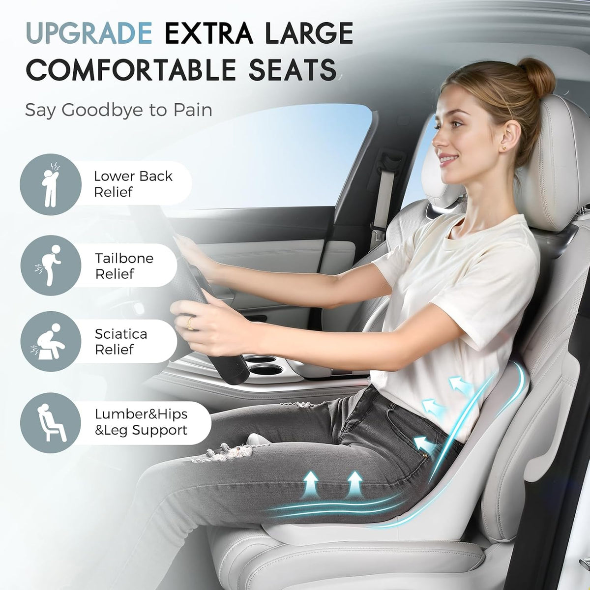 Car Seat Cushion and Lumbar Support Pillow, Larger Memory Foam Seat Cushion, Ergonomic L-Shaped Design Cushion for Back Pain Relief, Non-Slip Driving Cushion for Car, Office, Truck, Wheelchair-Gray