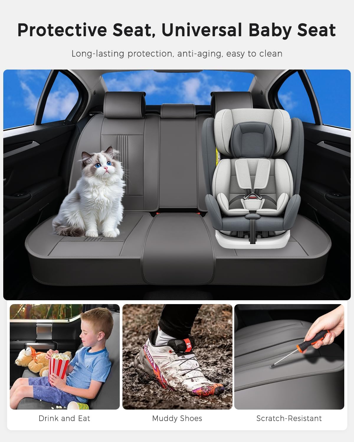 Huidasource Gray Back Seat Covers, Nappa Leather Rear Seat Covers with Ventilation Holes, Velcro Adjustable, Compatible with Seat belts, Child Safety Seats, Universal Fit for Most Cars SUV Trucks Gray