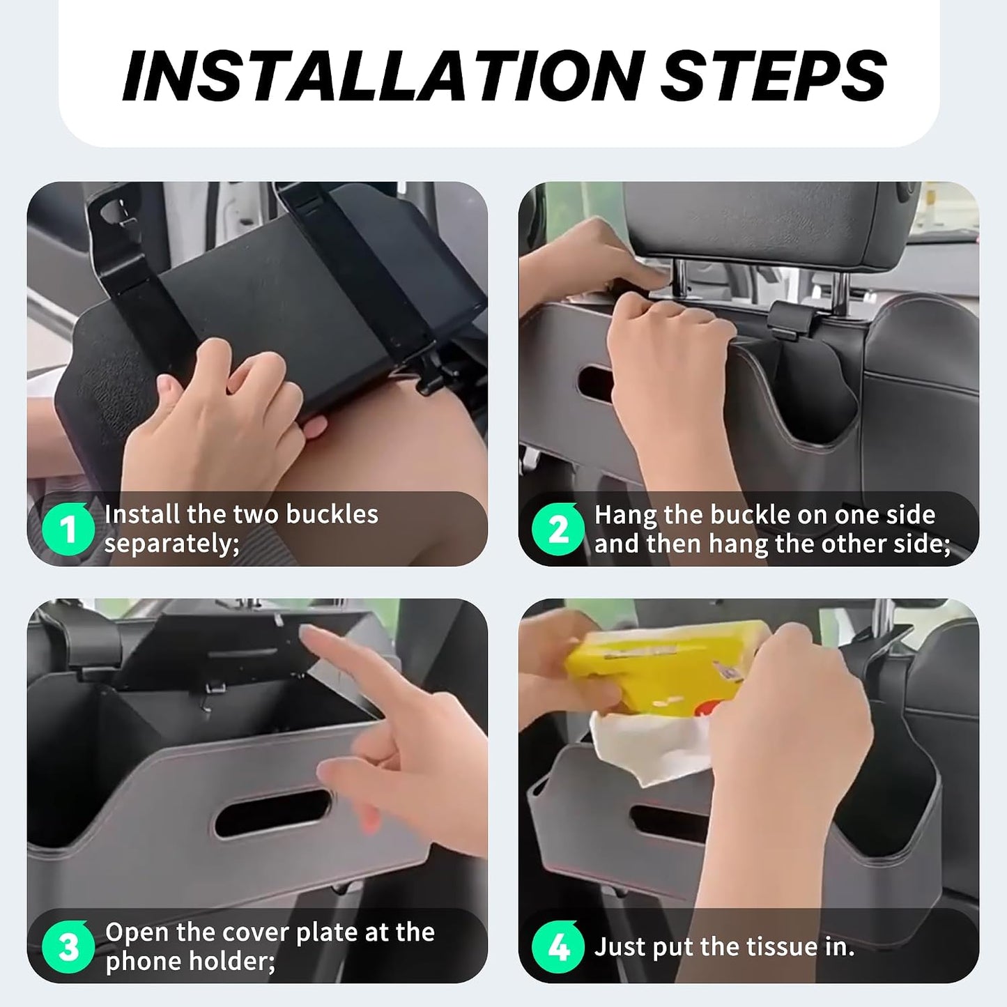 Car Headrest Backseat Organizer, Multi-Functional Vehicle Headrest Hanging Storage Box with Hook Cup Phone Holder Tissue Box, Universal Automotive Interior Seat Back Organizer (Black)