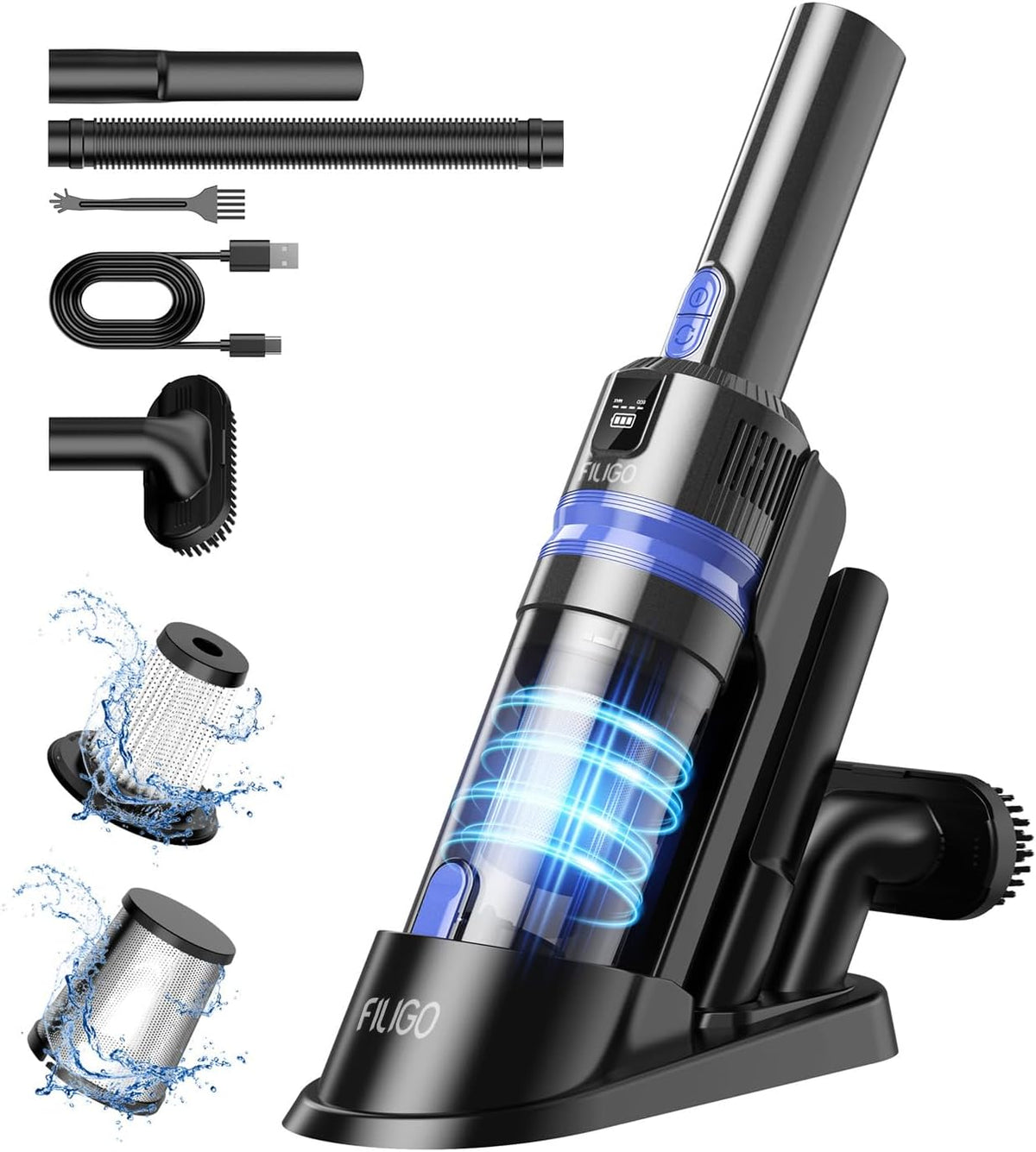 Handheld Vacuum Cordless Portable 3‑in‑1 Rechargeable Vacuum Cleaner with Charging Dock, Lighweight, 2‑Speed Modes, Type-C Charging for Car, Home, Office, Pet