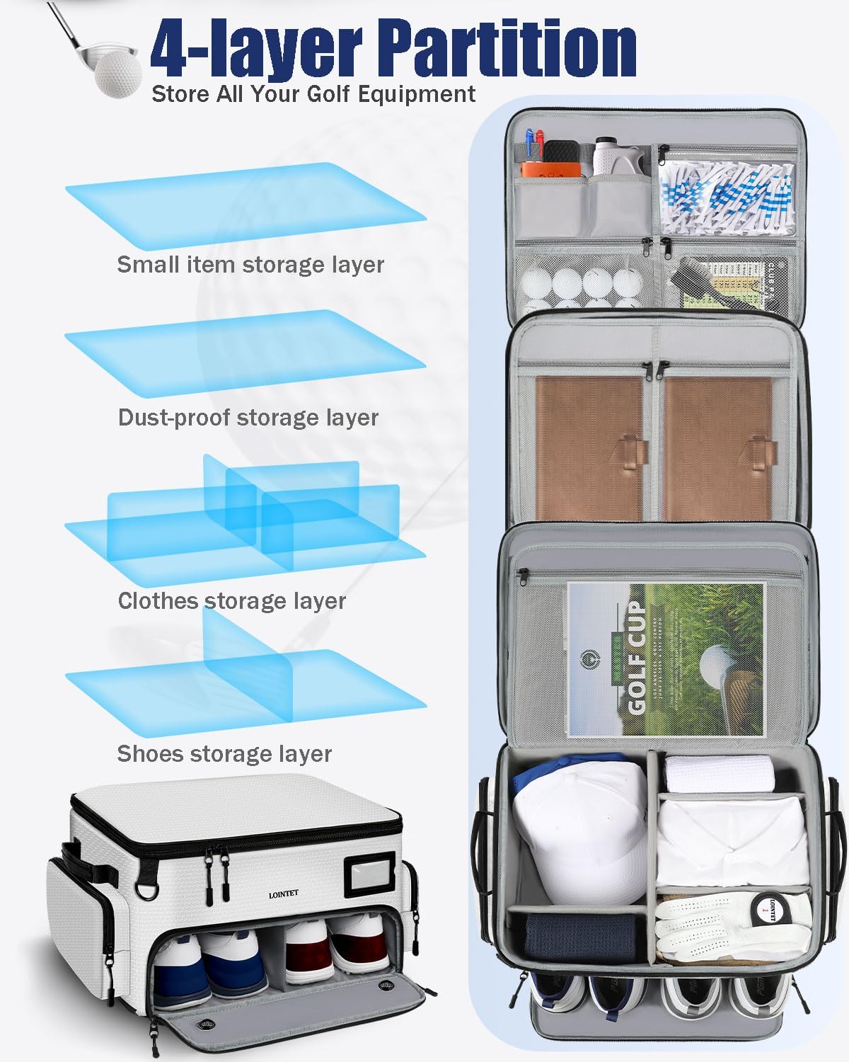 LOINTET Golf Trunk Organizer, Waterproof Car Golf Locker with Separate Ventilated Compartment for 2 Pair Shoes, Golf Storage for Balls, Tees, Cap, Clothes, Gloves, Accessories, Gifts for Men, Women
