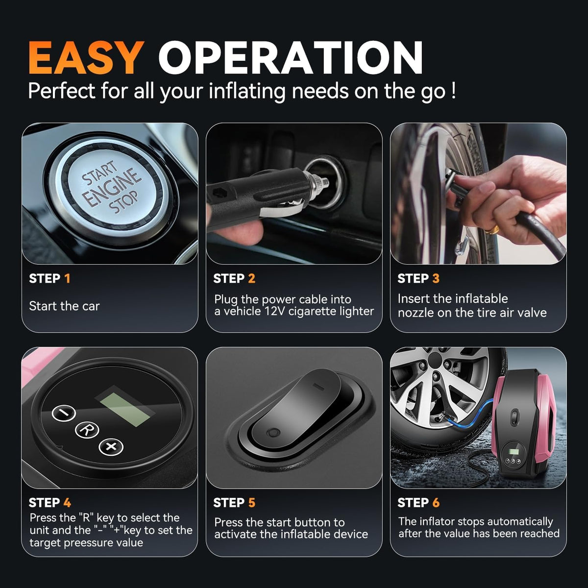 Auto Dynasty 12V DC Emergency Tire Inflator for Car – Portable Air Compressor with Preset Pressure Shut-Off & LED Light, Digital Gauge for Sedan, Motorcycle, Bike Tires & Sports Balls (Pink)