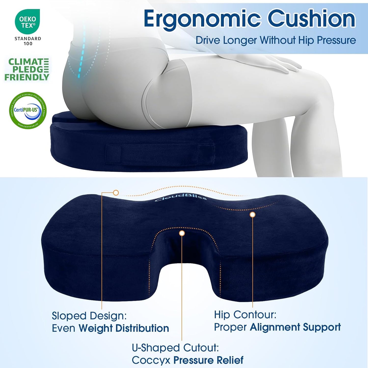 CloudBliss Lumbar Support Pillow & Seat Cushion Set for Office Chair, Desk Chair, Wheelchair & Car – Memory Foam Back Support, Ergonomic Chair Cushions, Sciatica Pain Relief, Home Essentials, Blue