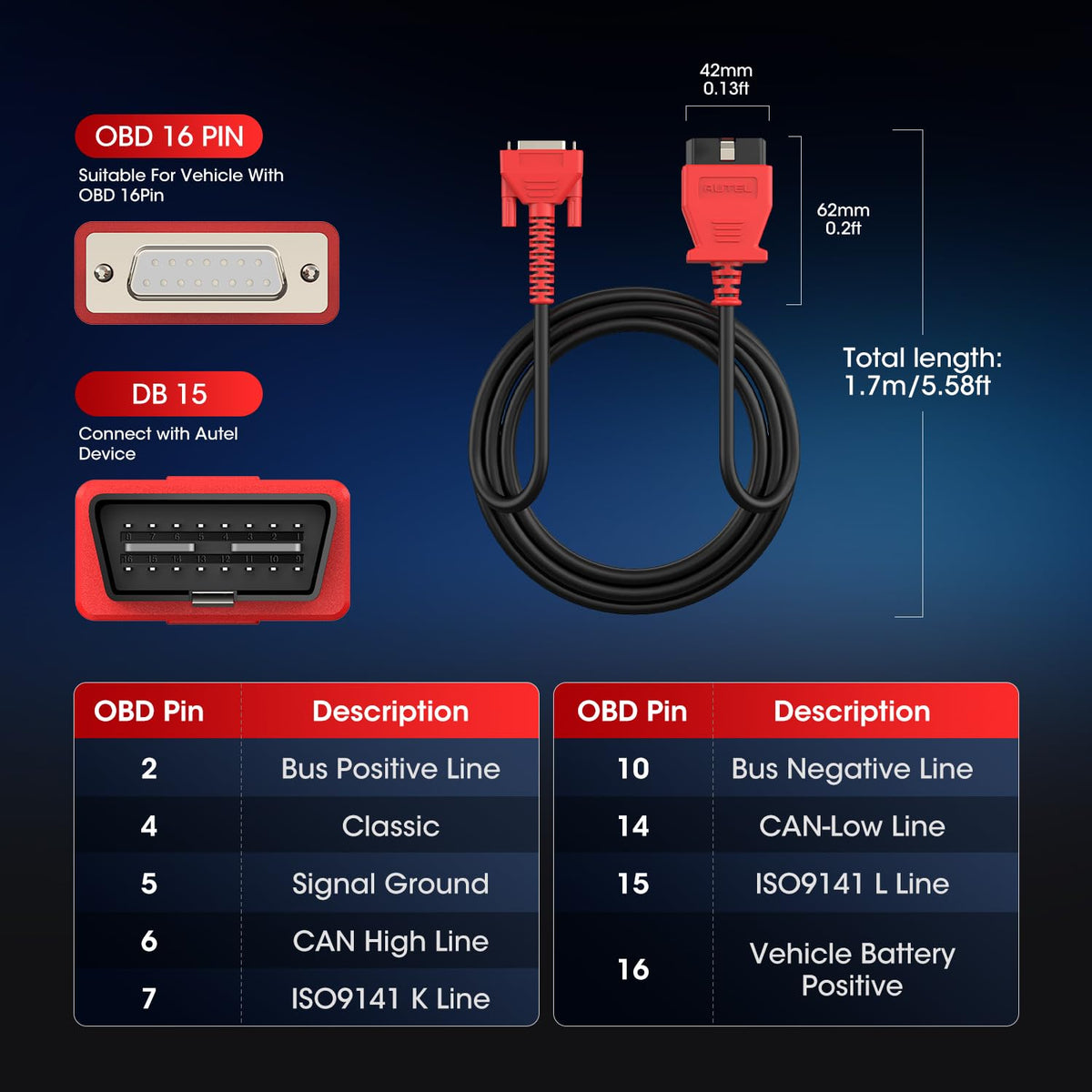 Autel Original OBD2 Main Test Cable, 16 Pin OBDII Diagnostic Test Cable
