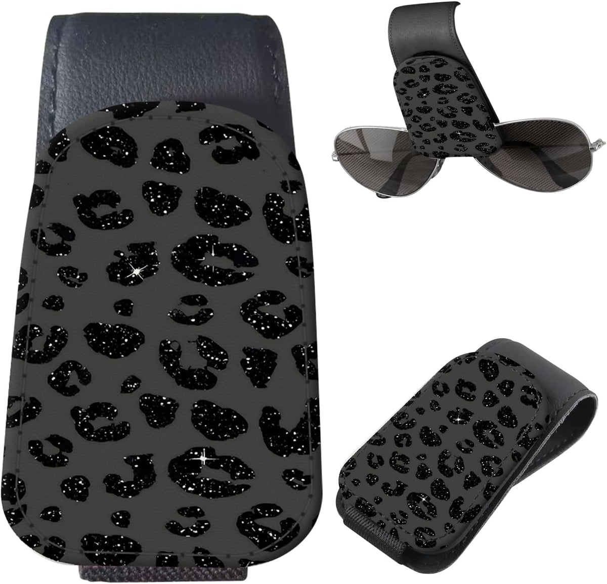 Sunglasses Holder for Car Visor, PU Leather Glasses Clip Organizer, Cute Magnetic Eyeglass Holder for Vehicle Sun Visor, Car Interior Accessory for Women & Men Black Sparkle Leopard
