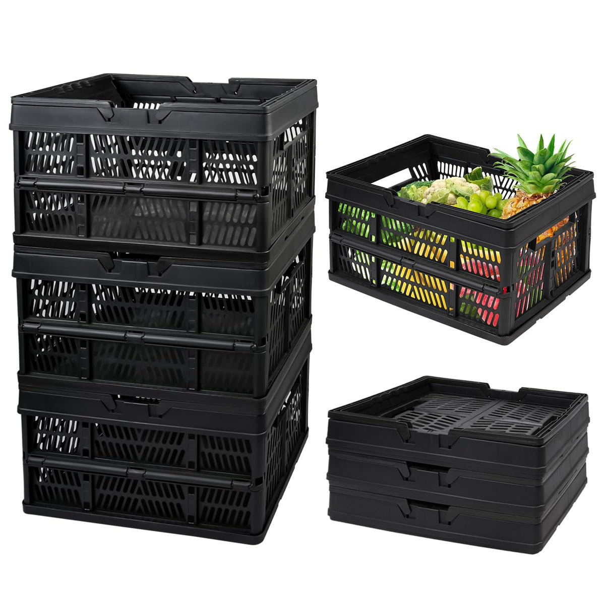 EasyFold Collapsible Crate, Collapsible Shopping Basket, Milk Crate, 3 Pack (27L (7 Gal), Black)