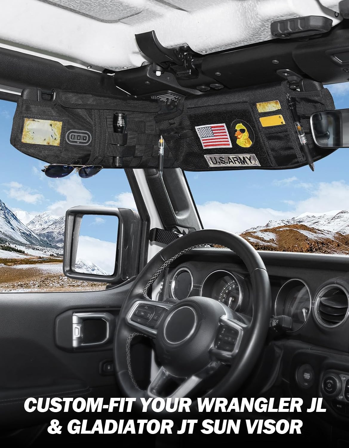 JOYTUTUS Sun Visor Organizer Compatible with 2018-2026 Wrangler JL & Gladiator JT, Driver's Side Front Tactical Visor Storage Cover Molle Webbing Visor Storage Holder Pouch, Multi-Pocket Net Zipper