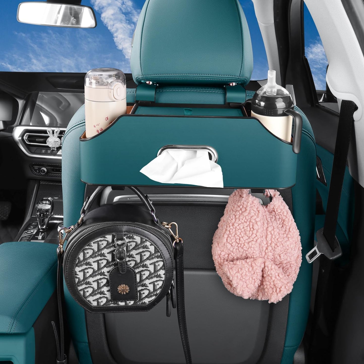 Car Seat Back Organizer - Stylish & Functional Storage for Family Adventures - Cup Holders, Tissue Box & Hooks - Perfect for Kids, Road Trips & Travel (Navy Blue)