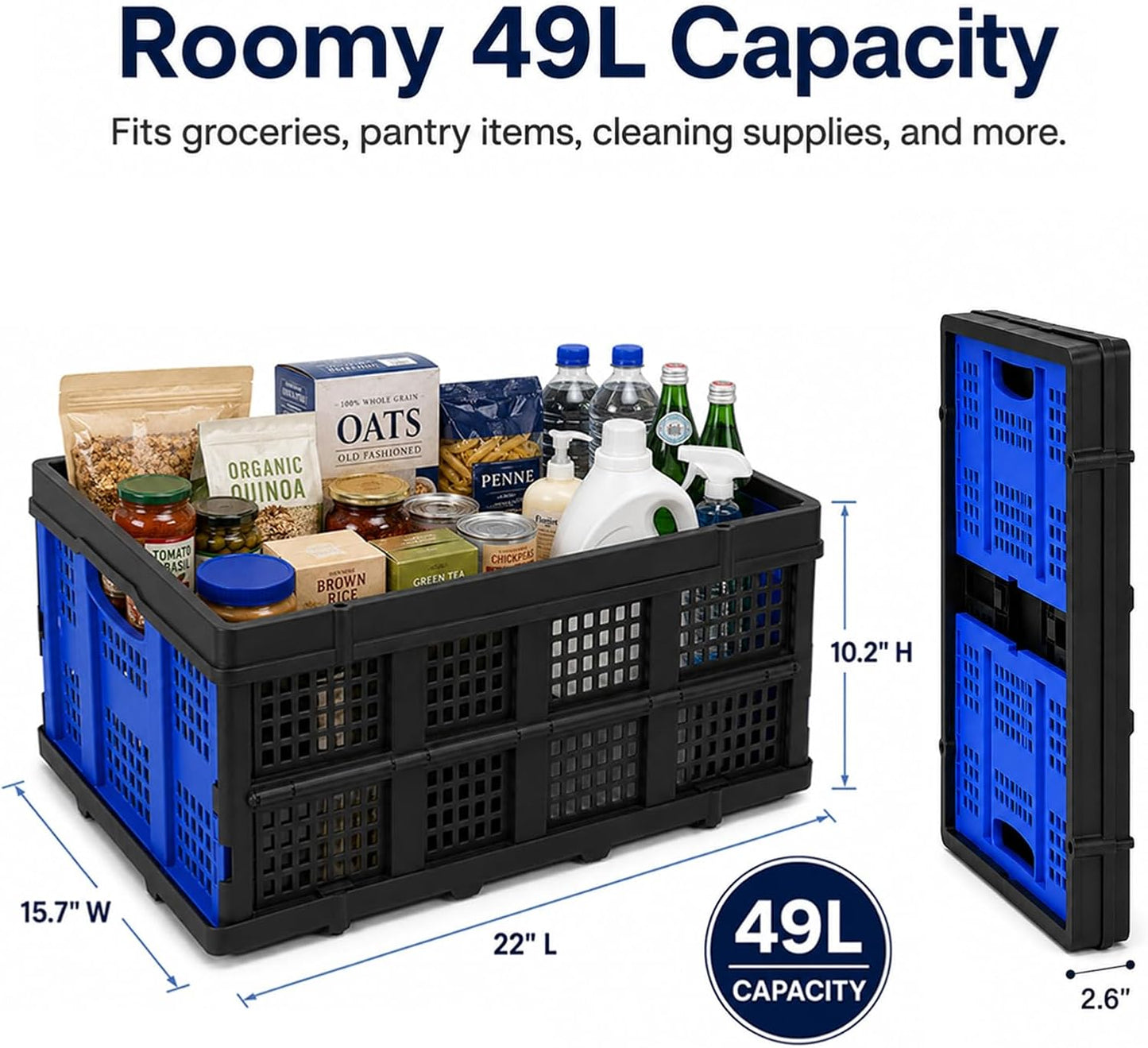 Collapsible Storage Crates 2 Pack, Heavy Duty Foldable Plastic Storage Bins, Stackable Garage & Trunk Organizers for Car, Home, Grocery & Moving Storage, 49L, Blue