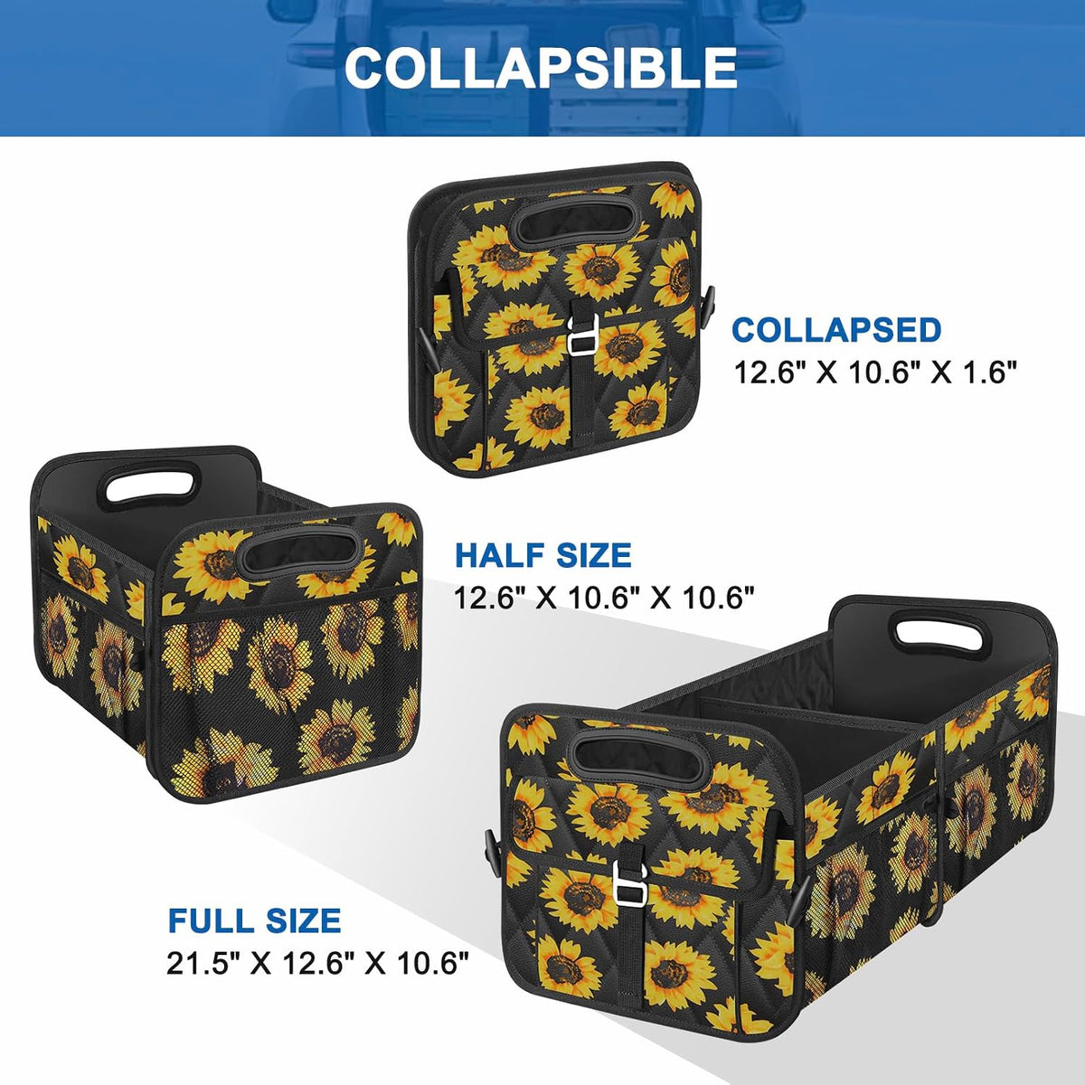 Olosar Collapsible Trunk Organizer - Portable SUV Car Accessories for Women/Men, Any Car, Mini-Van, Sunflower