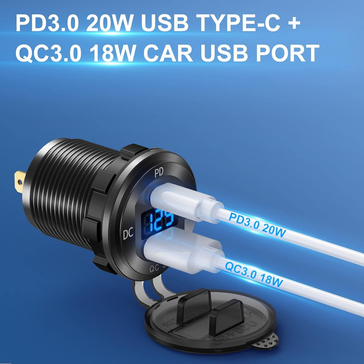12V USB C Aluminum Car Charger Socket, 12 Volt Outlet, PD 20W and Quick Charge 3.0 18W Car USB Port Waterproof with Voltmeter & Power Switch, Suitable for Marine Truck Motorcycle Boat Golf cart RV