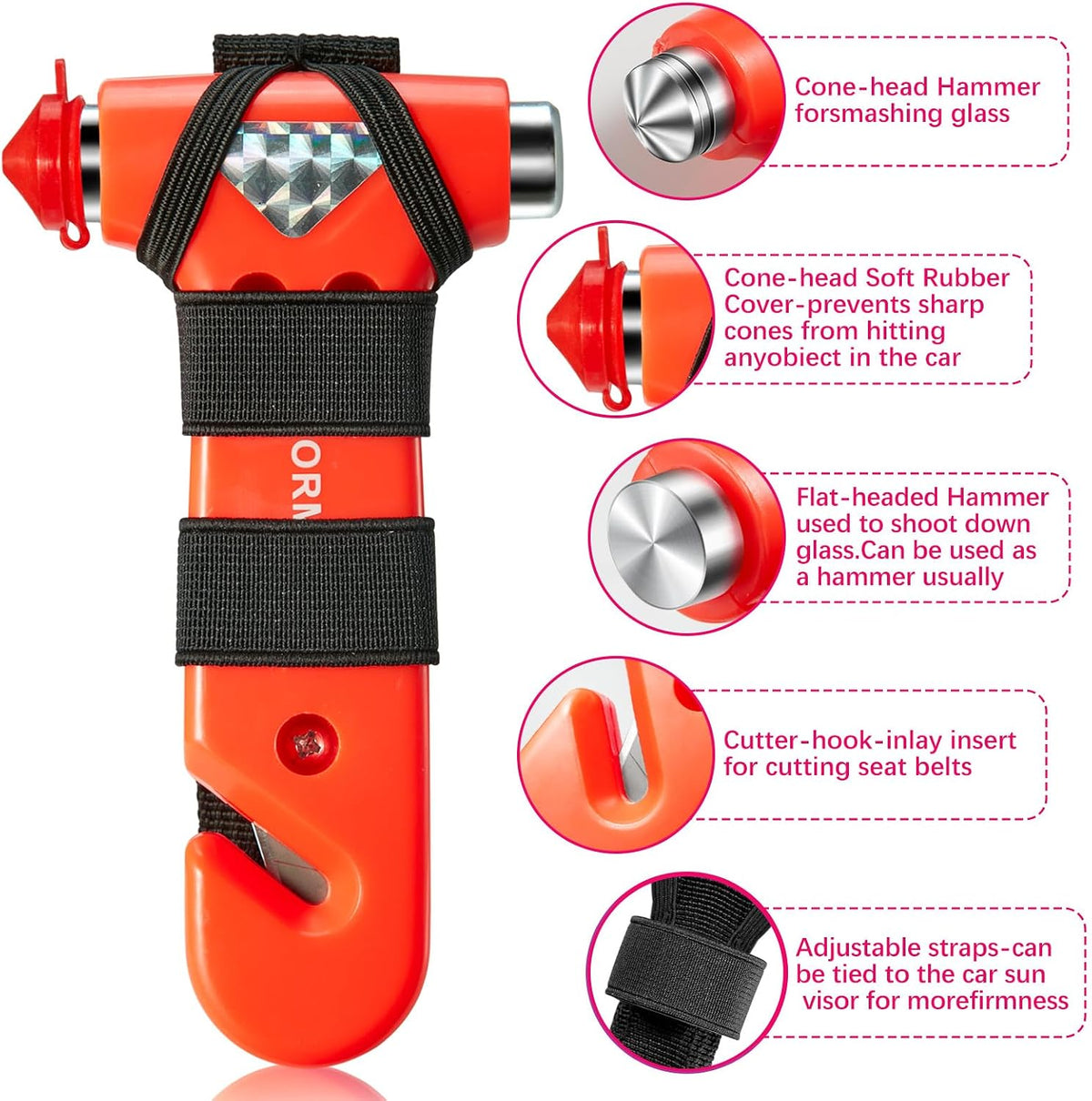 Car Safety Hammer with Seatbelt Cutter & Window Breaker, 2 Pack, Orange