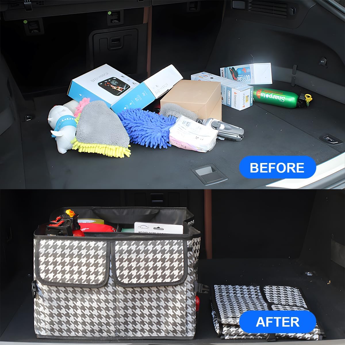 Mandark Car Trunk Organizer, Collapsible Multi Compartment Vehicle Storage Box, Waterproof Adjustable Automotive Organization Container Accessories, Universal for SUV, Sedan, Truck (Checkerboard)