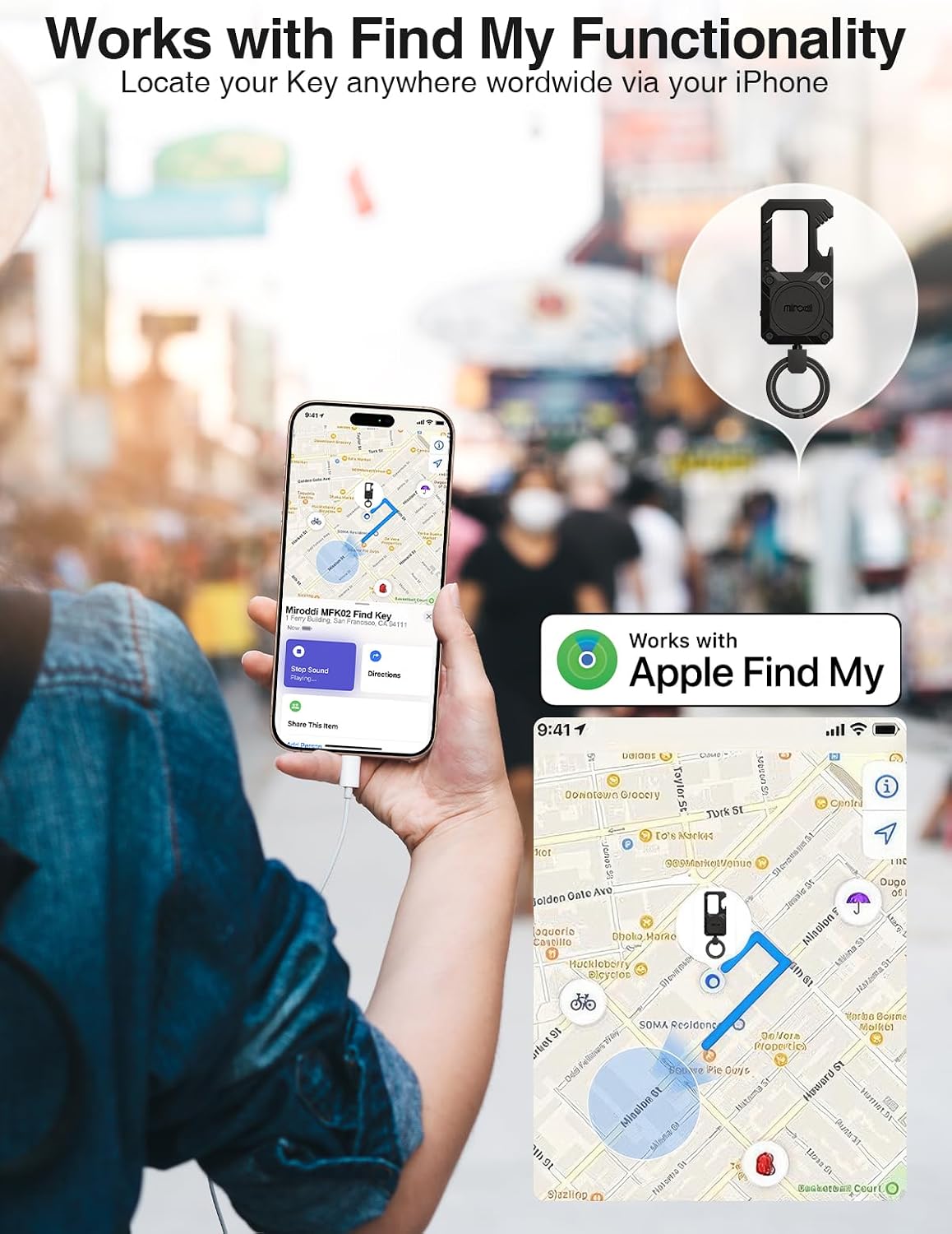 Miroddi Keychain Tracker, Men's Key Chain Works with Find My(iOS Only), Heavy Duty Keychain Carabiner Bottle Opener, Car Key Chains with Finder, Anti-lost Keyrings Tracker, Rechargeable, Black