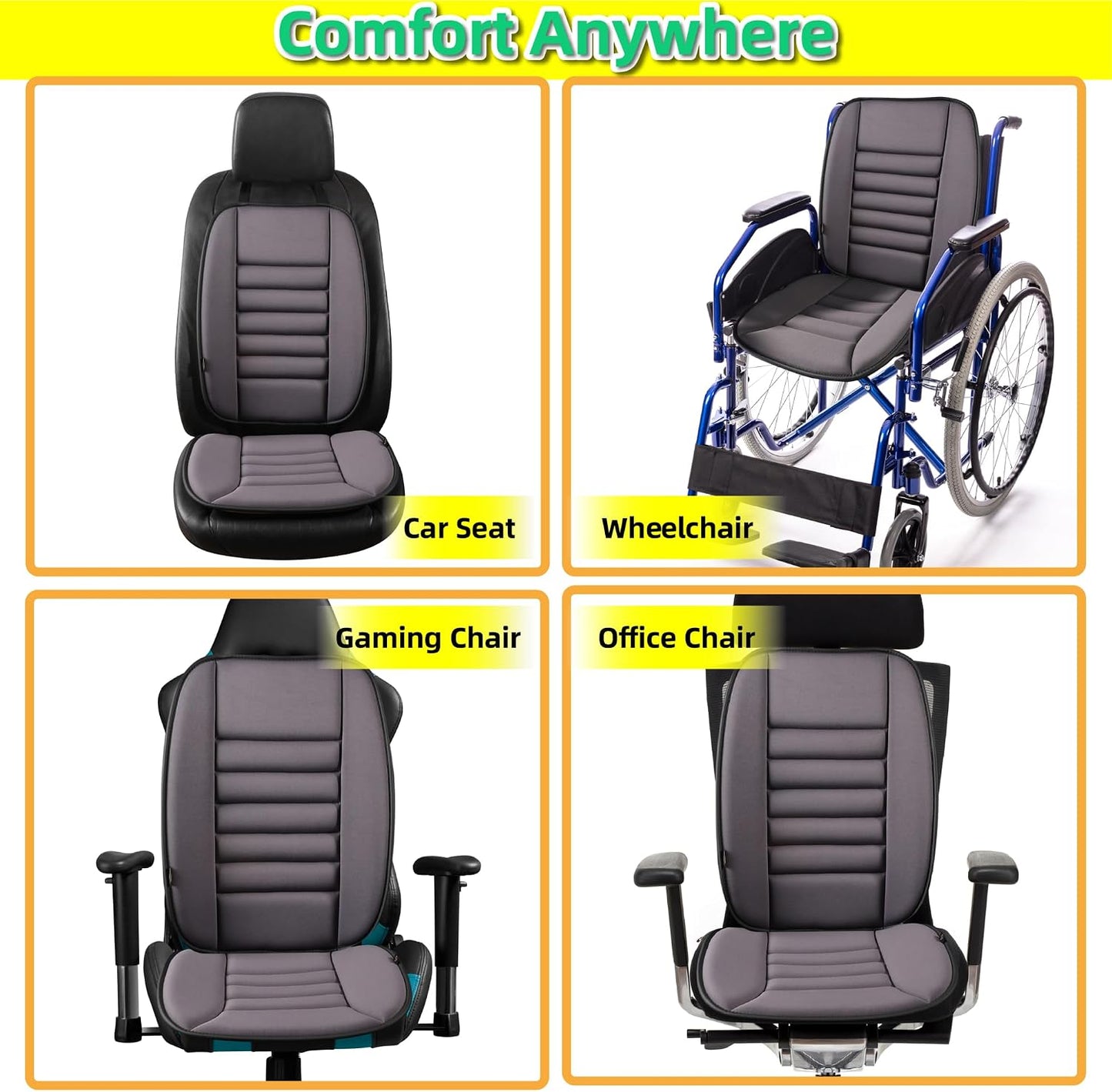 kingphenix Car Seat Cushion with Back Support Pillow, Memory Foam, Grey | Memory Foam Car Cushion for Long Driving, Truck, Office Chair, Tailbone and Lower Back Support