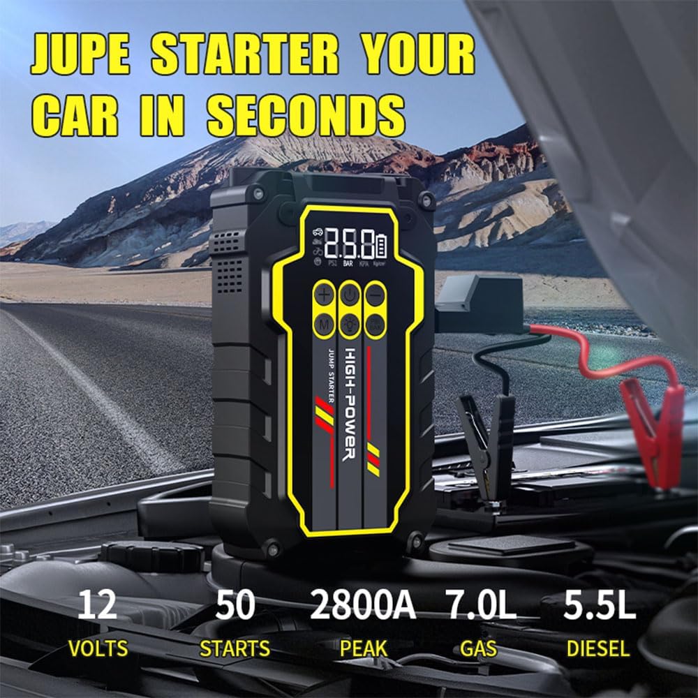 Jump Starter 4000A 12V Car Battery Booster Pack (Up to 7.0L Gas, 5.5L Diesel), Portable Power Bank with Air Compressor, 400LM LED Flashlight, SOS for Truck, SUV, Vehicles