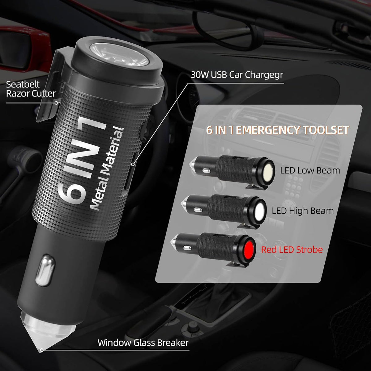 Car Window Breaker Tool, Window Breaker Seatbelt Cutter, Mini Metal Safe Hammer Car Window Breaker, 6 in 1 Car Emergency Kit Includes 18W USB Car Charger & 3-Colour LED Rechargeable Flashlight