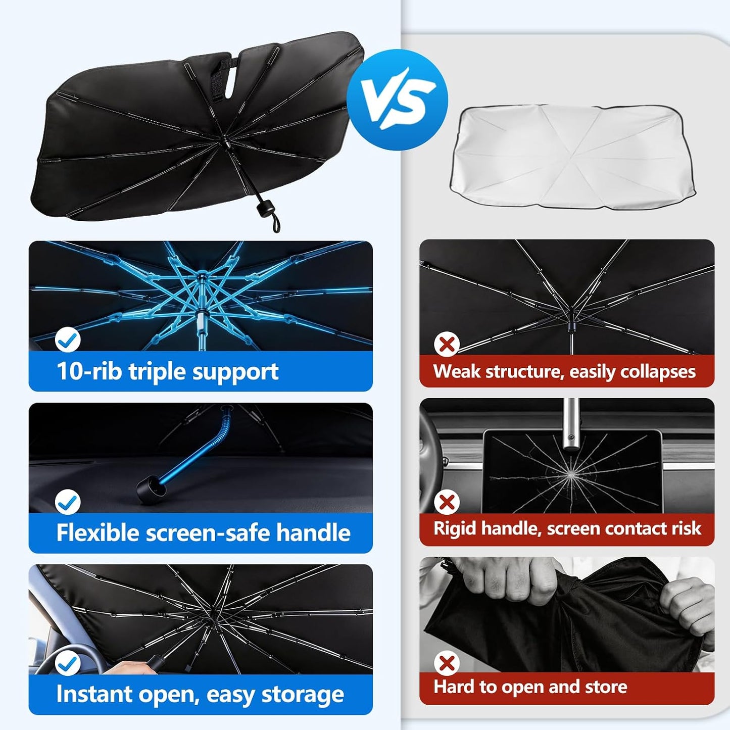 Windshield Sun Shade Car Umbrella: Foldable Retractable Front Window Sunshade Shield with Heat-Insulating Coating - Portable Protection from Heat & UV Rays for Cars, SUVs & Trucks