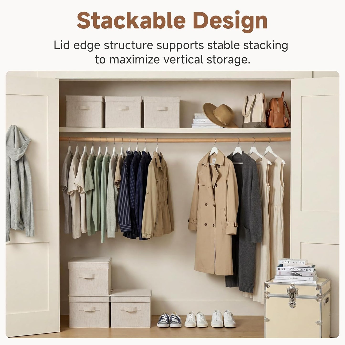 StorageWorks Fabric Storage Bins with Lids, Decorative Storage Bins with Soft Handles, Foldable Storage Baskets for Closet, Shelves, Stackable and Sturdy Organization, Beige, Large, 3-Pack