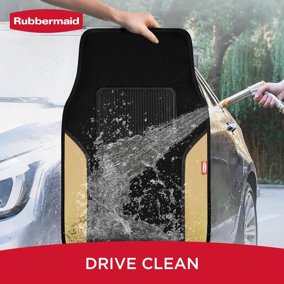 Rubbermaid Car Mats, Carpeted Floor Car Mat with Faux Leather & Built-in Heel Pad, Two-Tone Car Rug Floor Mats, Stylish Carpeted Floor Mats for Cars, Trucks & SUVs Beige Color