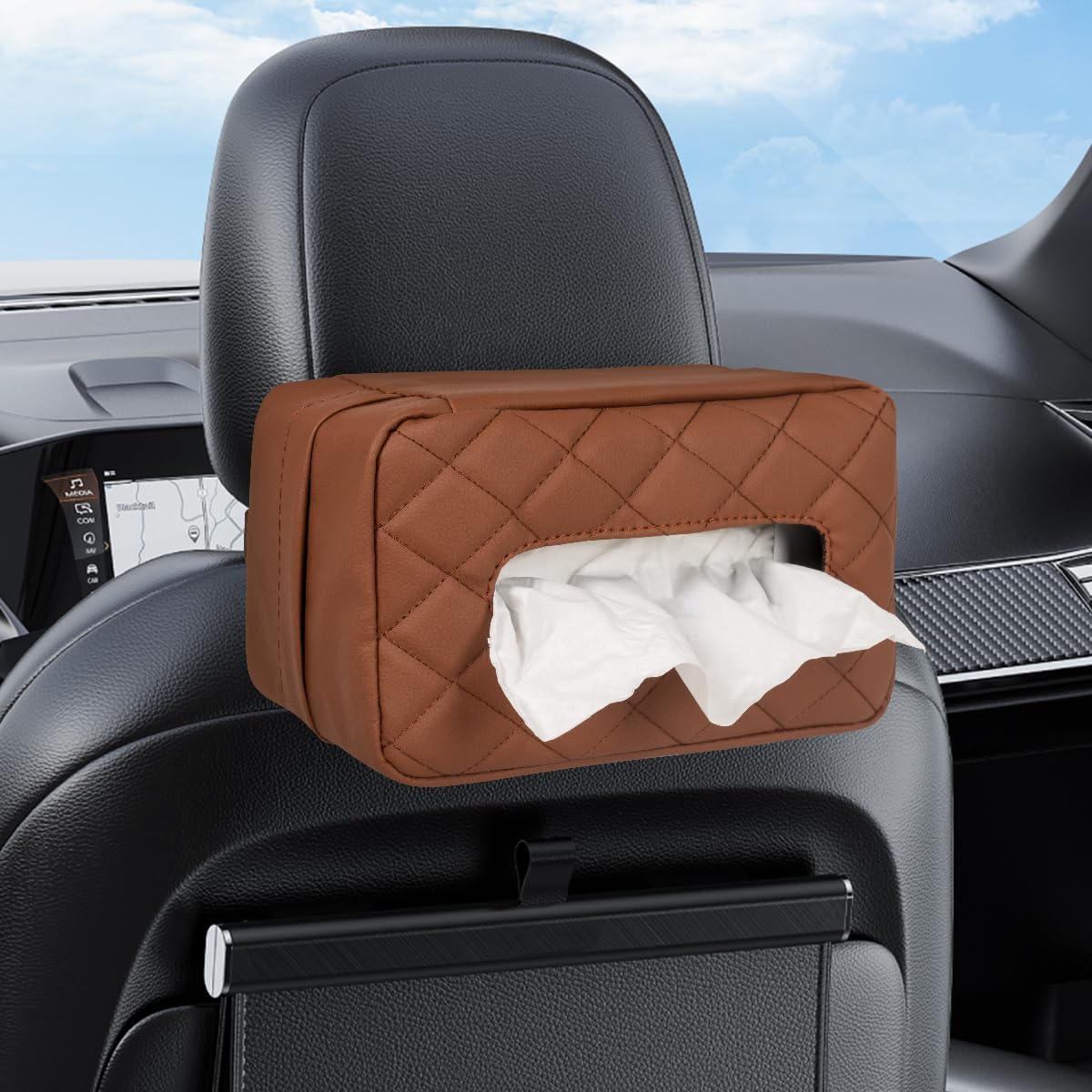 Car Tissue Holder - Standard Pu Leather Napkin Holder for Backseat, Extra Large Organization Fits 120-230 Tissues Per Box, 9.84'' X 4.72'' X 5.91'', Beige