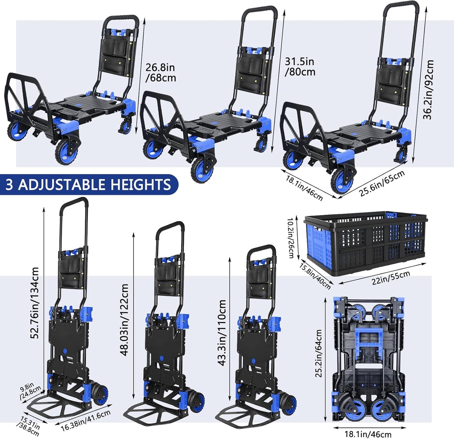 Folding Hand Truck, 2 in 1 Portable Heavy Duty Carrying Moving Dolly Cart with 4 Foldable Wheels and Retractable Handle Duty 330lbs (Blue with Folding Basket)