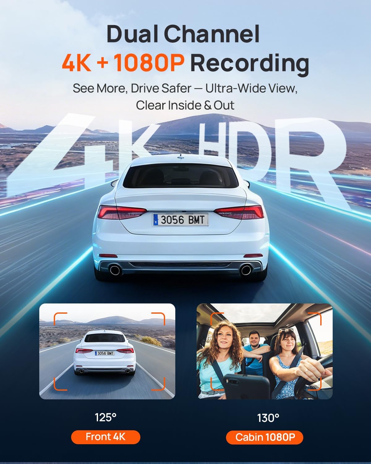70mai 4K Dash Cam Front and Interior, 4K HDR Dash Camera with F1.55 Aperture, Wi-Fi 6, 24H Parking Surveillance, GPS, Loop Recording, 64GB Card Included, UHD Dashcam for Cars/Taxi/Uber/Lyft